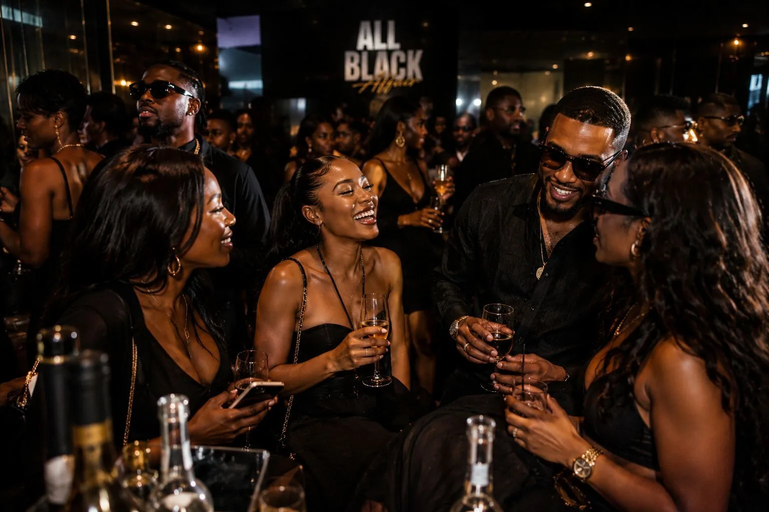 Guests laughing under All Black Affair sign
